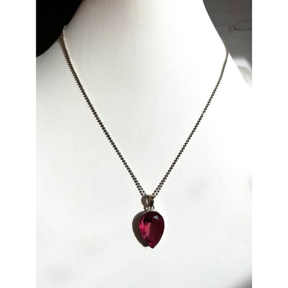 Deep Red Pink Translucent Teardrop Pendant on Sterling Ball Bead Chain 18” - Picture 7 of 10